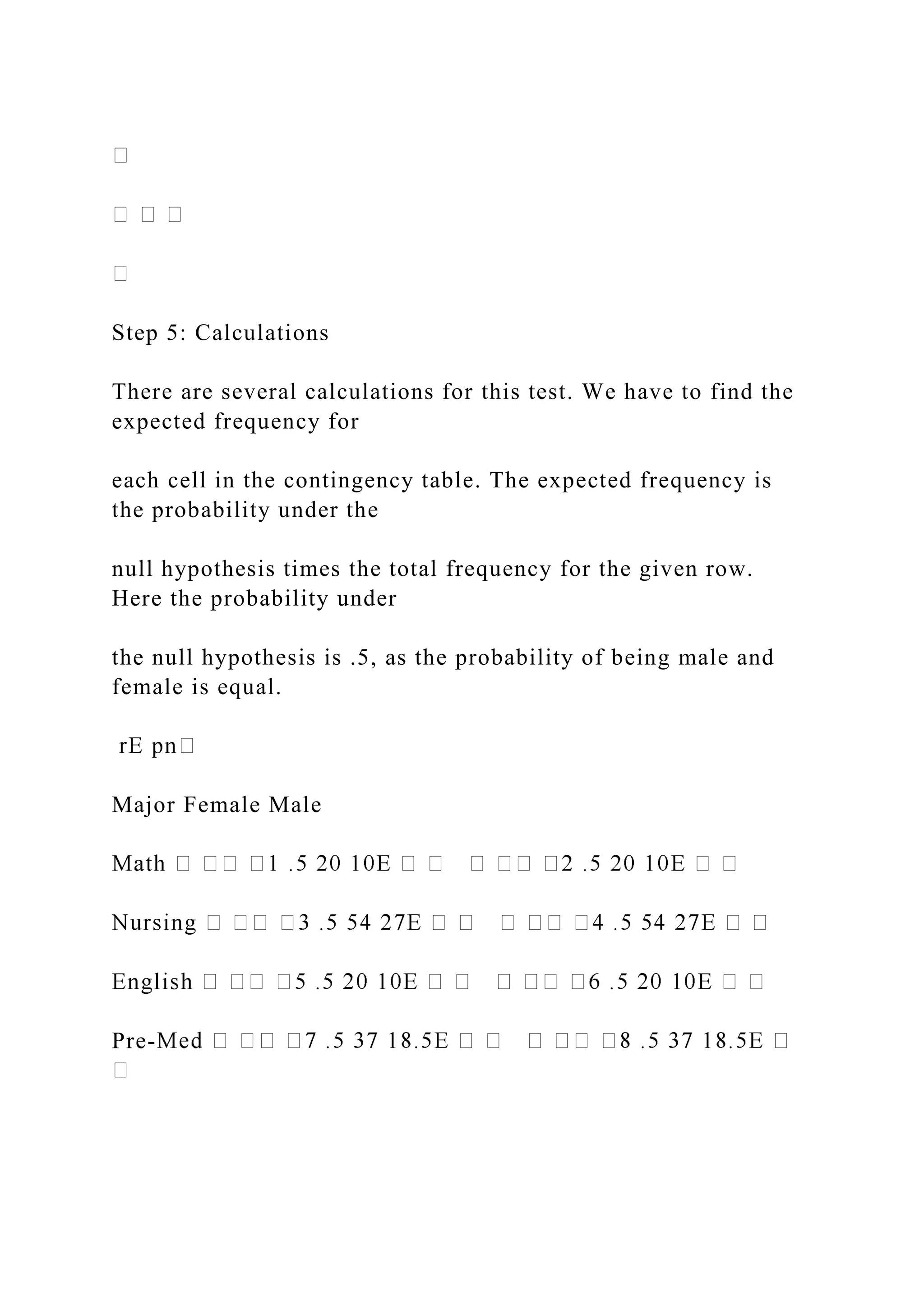 Step 5: Calculations
There are several calculations for this test. We have to find the
expected frequency for
each cell in the contingency table. The expected frequency is
the probability under the
null hypothesis times the total frequency for the given row.
Here the probability under
the null hypothesis is .5, as the probability of being male and
female is equal.
Major Female Male
Pre-
 