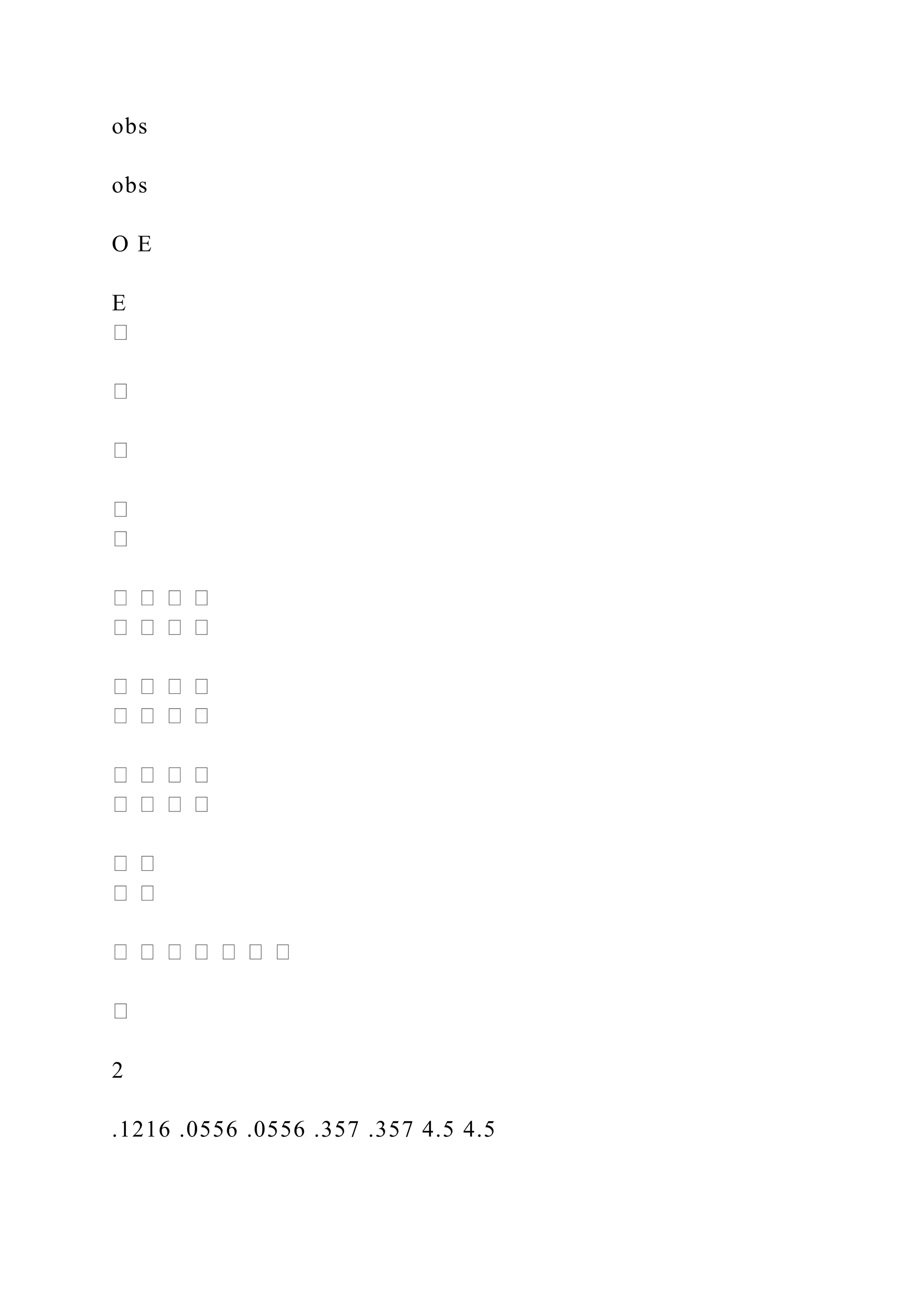 obs
obs
O E
E
2
.1216 .0556 .0556 .357 .357 4.5 4.5
 