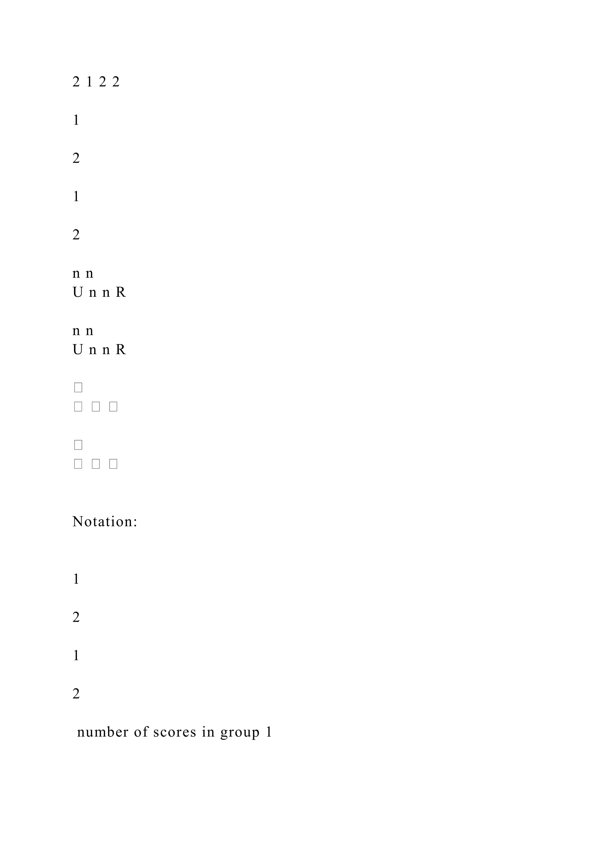 2 1 2 2
1
2
1
2
n n
U n n R
n n
U n n R
Notation:
1
2
1
2
number of scores in group 1
 