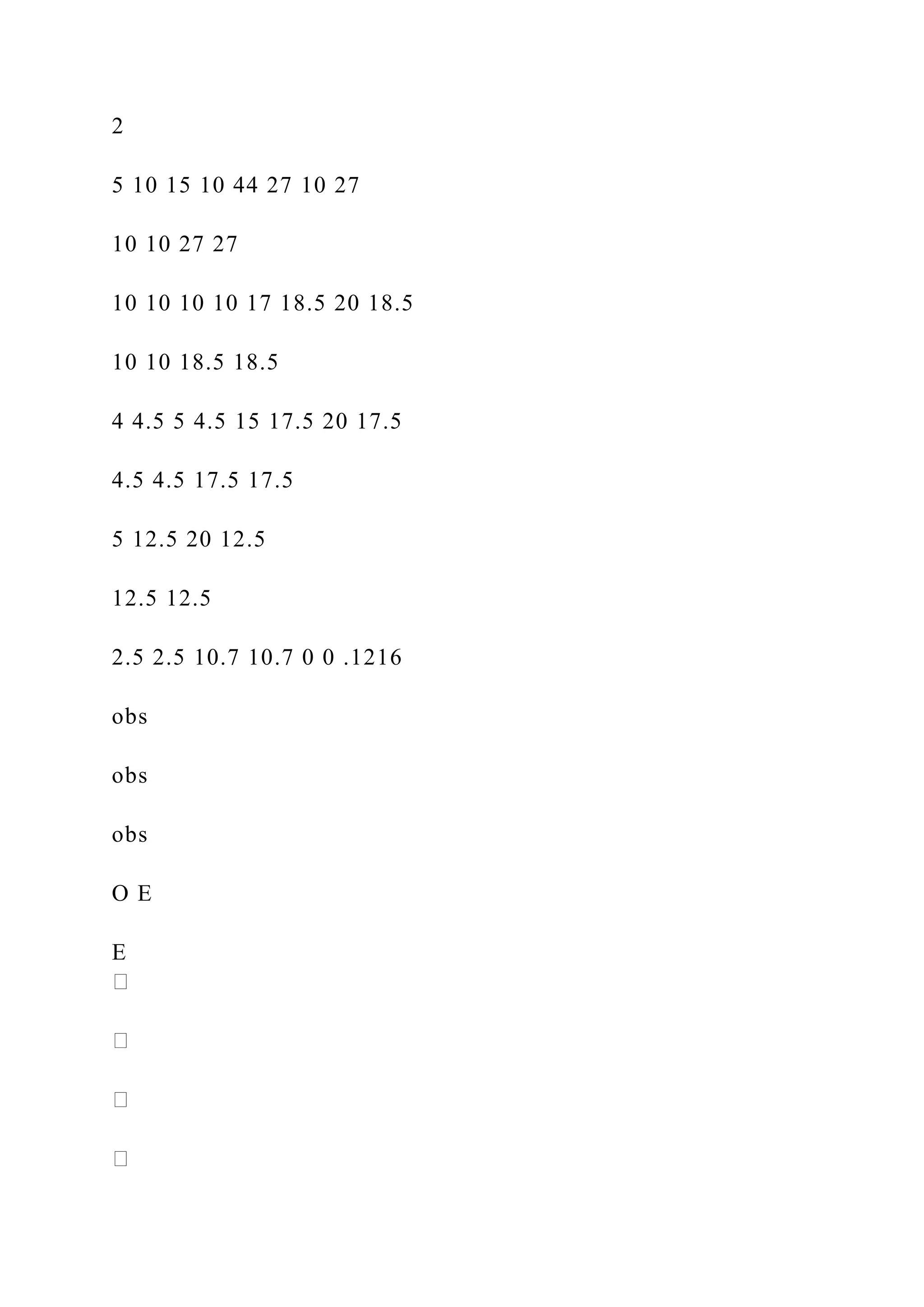 2
5 10 15 10 44 27 10 27
10 10 27 27
10 10 10 10 17 18.5 20 18.5
10 10 18.5 18.5
4 4.5 5 4.5 15 17.5 20 17.5
4.5 4.5 17.5 17.5
5 12.5 20 12.5
12.5 12.5
2.5 2.5 10.7 10.7 0 0 .1216
obs
obs
obs
O E
E
 
