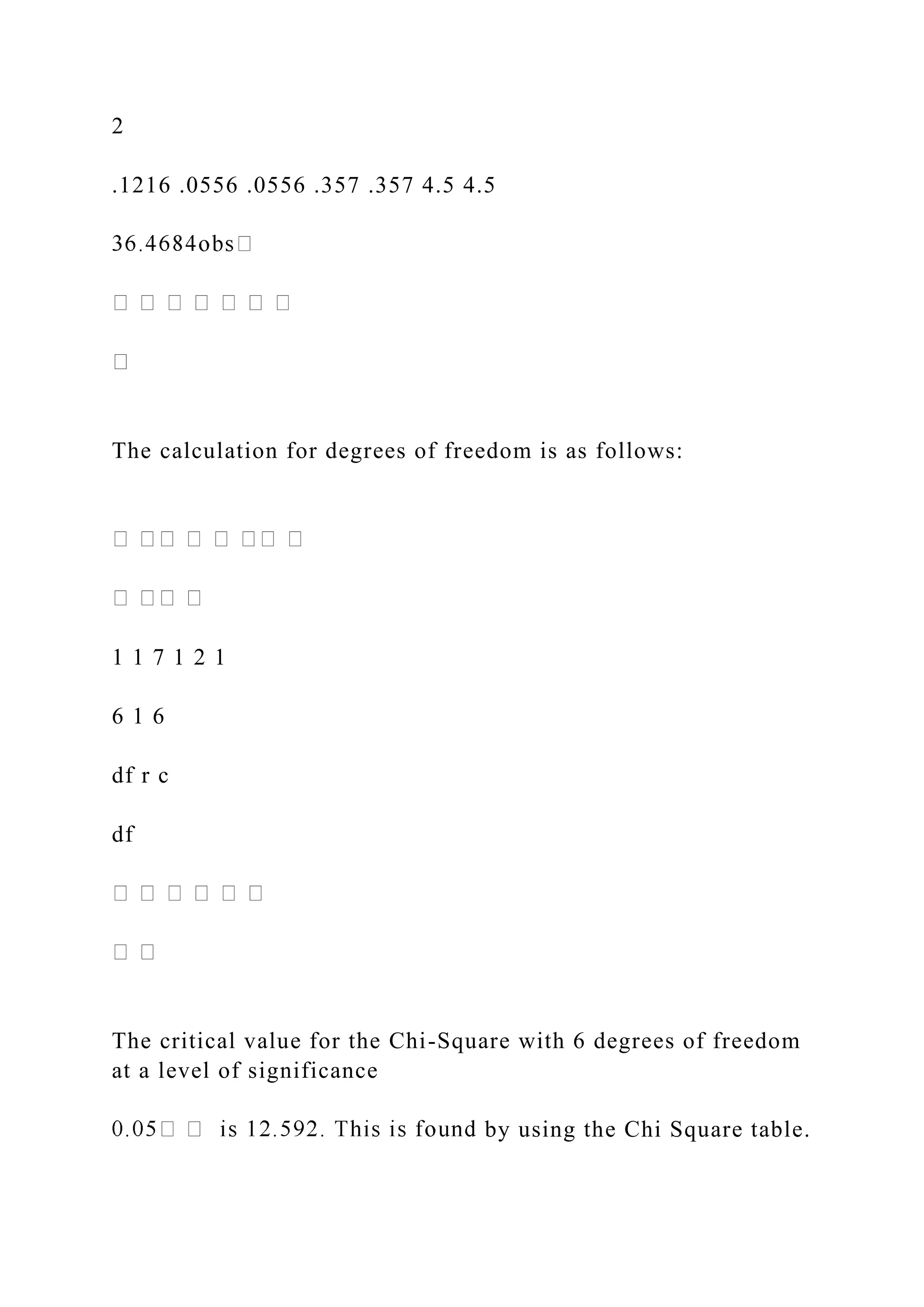 2
.1216 .0556 .0556 .357 .357 4.5 4.5
The calculation for degrees of freedom is as follows:
1 1 7 1 2 1
6 1 6
df r c
df
The critical value for the Chi-Square with 6 degrees of freedom
at a level of significance
by using the Chi Square table.
 