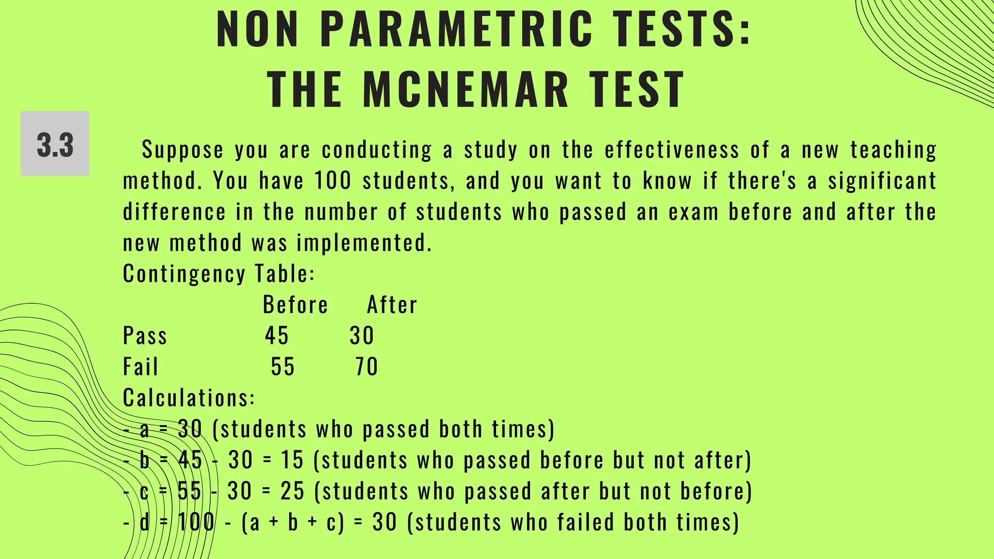 NON PARAMETRIC TESTS:
THE MCNEMAR TEST
3.3 Suppose you are conducting a study on the effectiveness of a new teaching
method. You have 100 students, and you want to know if there's a significant
difference in the number of students who passed an exam before and after the
new method was implemented.
Contingency Table:
Before After
Pass 45 30
Fail 55 70
Calculations:
- a = 30 (students who passed both times)
- b = 45 - 30 = 15 (students who passed before but not after)
- c = 55 - 30 = 25 (students who passed after but not before)
- d = 100 - (a + b + c) = 30 (students who failed both times)
 