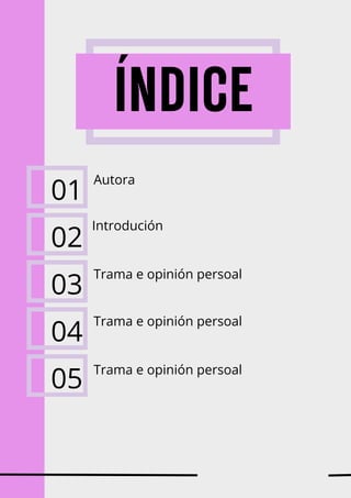 Autora
ÍNDICE
01
Introdución
02
Trama e opinión persoal
03
Trama e opinión persoal
04
Trama e opinión persoal
05
 