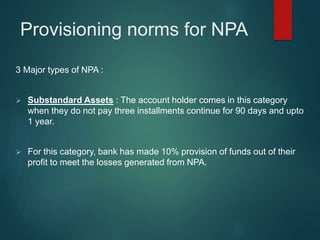 Provisioning norms for NPA
3 Major types of NPA :
 Substandard Assets : The account holder comes in this category
when th...