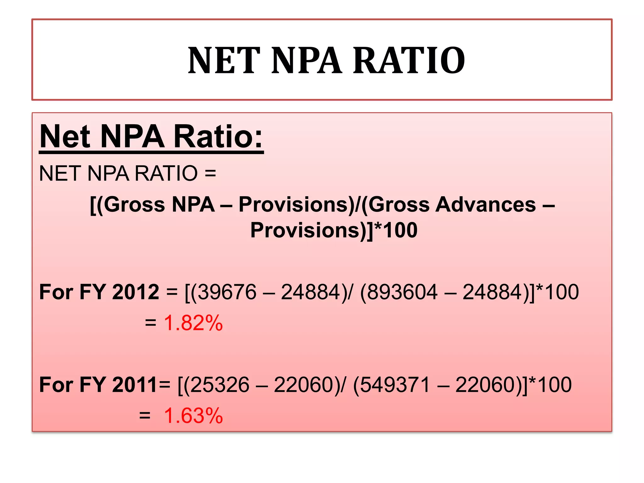 NET NPA RATIO
Net NPA Ratio:
NET NPA RATIO =
    [(Gross NPA – Provisions)/(Gross Advances –
                   Provisions)]*100

For FY 2012 = [(39676 – 24884)/ (893604 – 24884)]*100
          = 1.82%

For FY 2011= [(25326 – 22060)/ (549371 – 22060)]*100
         = 1.63%
 