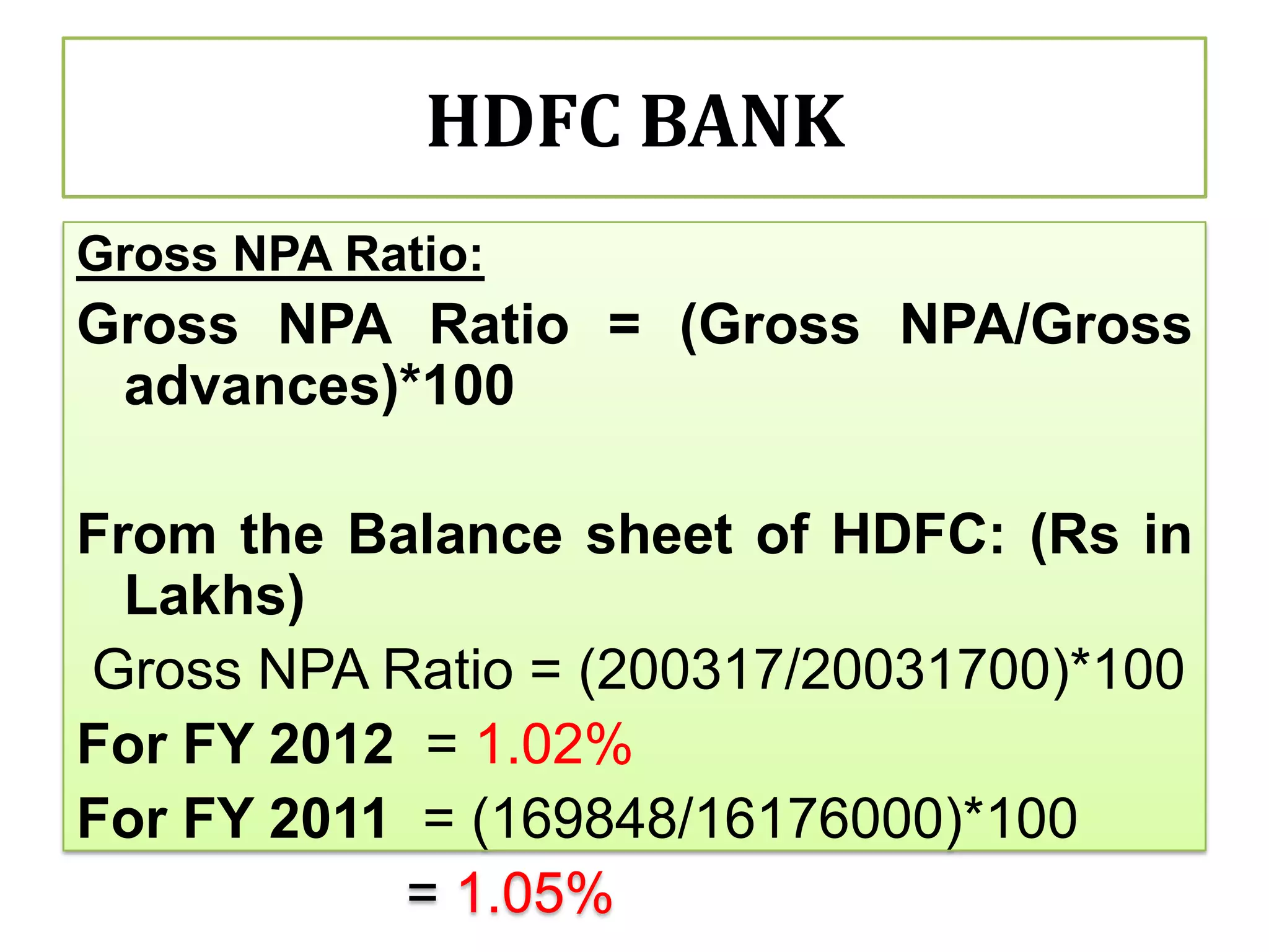 HDFC BANK
Gross NPA Ratio:
Gross NPA Ratio = (Gross NPA/Gross
 advances)*100

From the Balance sheet of HDFC: (Rs in
  Lakhs)
Gross NPA Ratio = (200317/20031700)*100
For FY 2012 = 1.02%
For FY 2011 = (169848/16176000)*100
           = 1.05%
 
