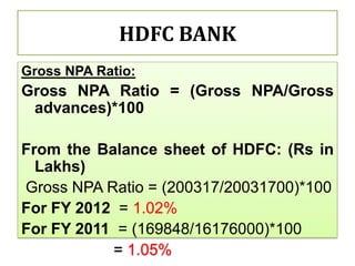 HDFC BANK
Gross NPA Ratio:
Gross NPA Ratio = (Gross NPA/Gross
 advances)*100

From the Balance sheet of HDFC: (Rs in
  Lakhs)
Gross NPA Ratio = (200317/20031700)*100
For FY 2012 = 1.02%
For FY 2011 = (169848/16176000)*100
           = 1.05%
 