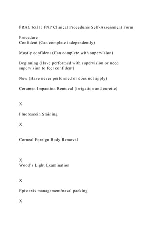 PRAC 6531: FNP Clinical Procedures Self-Assessment Form
Procedure
Confident (Can complete independently)
Mostly confident (Can complete with supervision)
Beginning (Have performed with supervision or need
supervision to feel confident)
New (Have never performed or does not apply)
Cerumen Impaction Removal (irrigation and curette)
X
Fluorescein Staining
X
Corneal Foreign Body Removal
X
Wood’s Light Examination
X
Epistaxis management/nasal packing
X
 