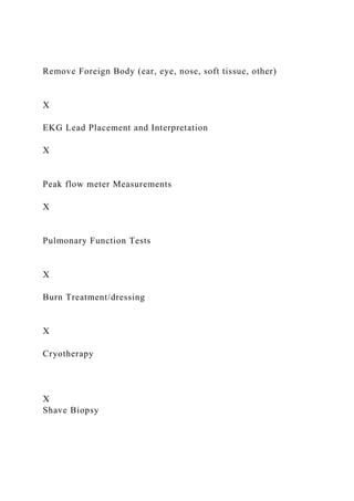 Remove Foreign Body (ear, eye, nose, soft tissue, other)
X
EKG Lead Placement and Interpretation
X
Peak flow meter Measurements
X
Pulmonary Function Tests
X
Burn Treatment/dressing
X
Cryotherapy
X
Shave Biopsy
 