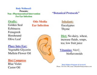 Otis Media Inhalant:
Ear Infection Eucalyptus
Thyme
Diet: No dairy, wheat,
Orally:
Golden Seal
Echinacea
Fenugreek
Horehound
Olive Leaf
Body WellnessBody Wellness®®
Presents:Presents:
NonNon ––Pharmaceutical InterventionPharmaceutical Intervention
For Ear InfectionFor Ear Infection
“Botanical Protocols”
Diet: No dairy, wheat,
increase fluids, soups,
tea; low fruit juice
Vitamins: Vit C,
bioflavonoids
Olive Leaf
Place Into Ear:
Vegetable Glycerin
Mullein Flower Oil
Hot Compress
Blue Violet
Castor Oil
Body Wellness Programs & Services®
Phone: 516-410-3700, email: Drkamhi@bodywellness.com
 