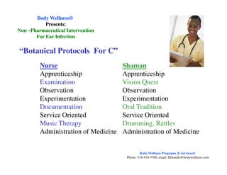 “Botanical Protocols For C”
Nurse Shaman
Apprenticeship Apprenticeship
Examination Vision Quest
Observation Observation
Body WellnessBody Wellness®®
Presents:Presents:
NonNon ––Pharmaceutical InterventionPharmaceutical Intervention
For Ear InfectionFor Ear Infection
Observation Observation
Experimentation Experimentation
Documentation Oral Tradition
Service Oriented Service Oriented
Music Therapy Drumming, Rattles
Administration of Medicine Administration of Medicine
Body Wellness Programs & Services®
Phone: 516-410-3700, email: Drkamhi@bodywellness.com
 