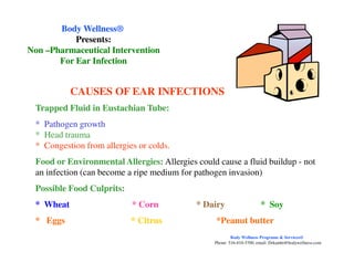 CAUSES OF EAR INFECTIONS
Trapped Fluid in Eustachian Tube:
* Pathogen growth
* Head trauma
Body WellnessBody Wellness®®
Presents:Presents:
NonNon ––Pharmaceutical InterventionPharmaceutical Intervention
For Ear InfectionFor Ear Infection
* Head trauma
* Congestion from allergies or colds.
Food or Environmental Allergies: Allergies could cause a fluid buildup - not
an infection (can become a ripe medium for pathogen invasion)
Possible Food Culprits:
* Wheat * Corn * Dairy * Soy
* Eggs * Citrus* Citrus *Peanut butter
Body Wellness Programs & Services®
Phone: 516-410-3700, email: Drkamhi@bodywellness.com
 
