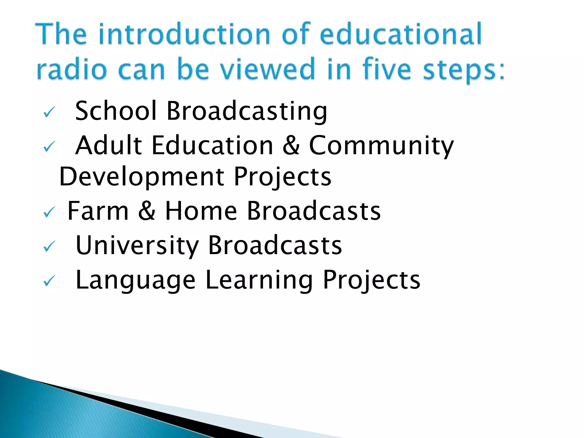  School Broadcasting
 Adult Education & Community
Development Projects
 Farm & Home Broadcasts
 University Broadcasts
 Language Learning Projects
 