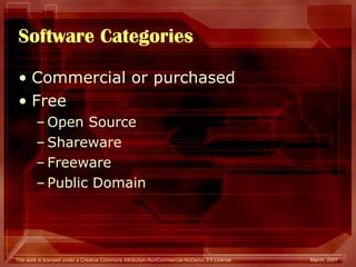 Software Categories Commercial or purchased Free Open Source  Shareware Freeware Public Domain 