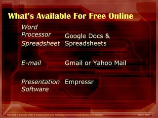 What’s Available For Free Online Empressr Presentation Software Gmail or Yahoo Mail E-mail Spreadsheet Google Docs & Spreadsheets Word Processor 