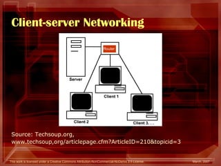 Client-server Networking Source: Techsoup.org, www.techsoup,org/articlepage.cfm?ArticleID=210&topicid=3 Router 