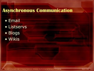Asynchronous Communication Email Listservs Blogs Wikis 