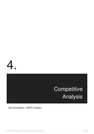 4.
Competitive
Analysis
Key Competitors / SWOT Analysis
[YEAR] Business Plan | The Educare Learning Center 12 / 29
 