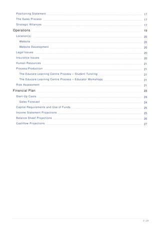 Positioning Statement 17
The Sales Process 17
Strategic Alliances 17
Operations 19
Location(s) 20
Website 20
Website Development 20
Legal Issues 20
Insurance Issues 20
Human Resources 21
Process/Production 21
The Educare Learning Centre Process – Student Tutoring 21
The Educare Learning Centre Process – Educator Workshops 21
Risk Assessment 21
Financial Plan 23
Start-Up Costs 24
Sales Forecast 24
Capital Requirements and Use of Funds 25
Income Statement Projections 25
Balance Sheet Projections 26
Cashflow Projections 27
2 / 29
 