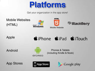 Platforms
Mobile Websites
(HTML)
Mobile Website
Get your organization in the app store!
Apple
App Stores
Android Phones & Tablets
(including Kindle & Nook)
 