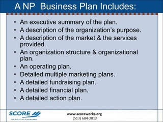 A NP  Business Plan Includes: <ul><li>An executive summary of the plan. </li></ul><ul><li>A description of the organizatio...