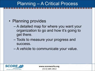 Planning – A Critical Process <ul><li>Planning provides  </li></ul><ul><ul><li>A detailed map for where you want your orga...