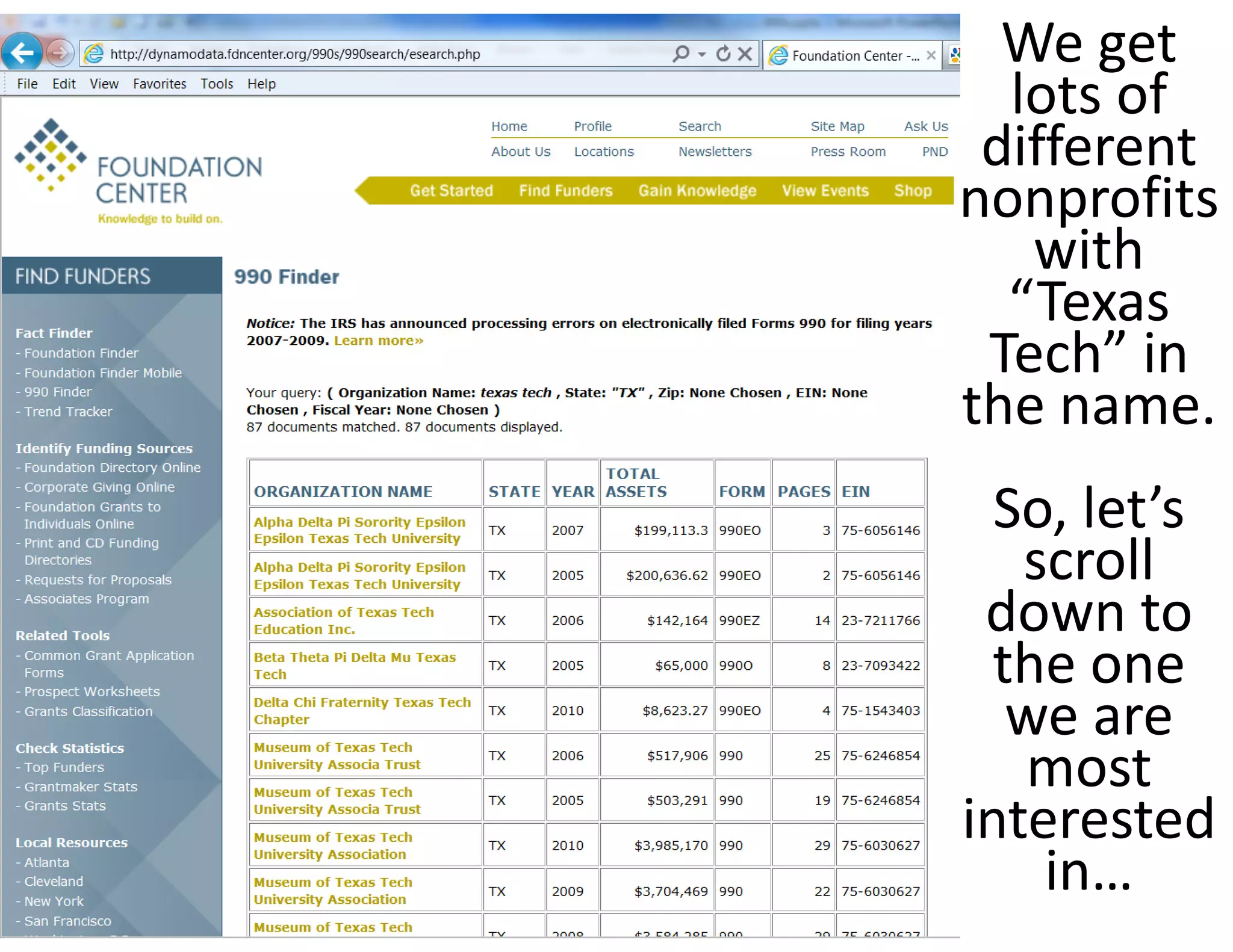 We get 
  lots of 
 different 
nonprofits 
   with 
  “Texas 
 Tech” in 
the name.
  So, let’s 
   scroll 
 down to 
  the one 
   we are 
   most 
interested 
    in…
 