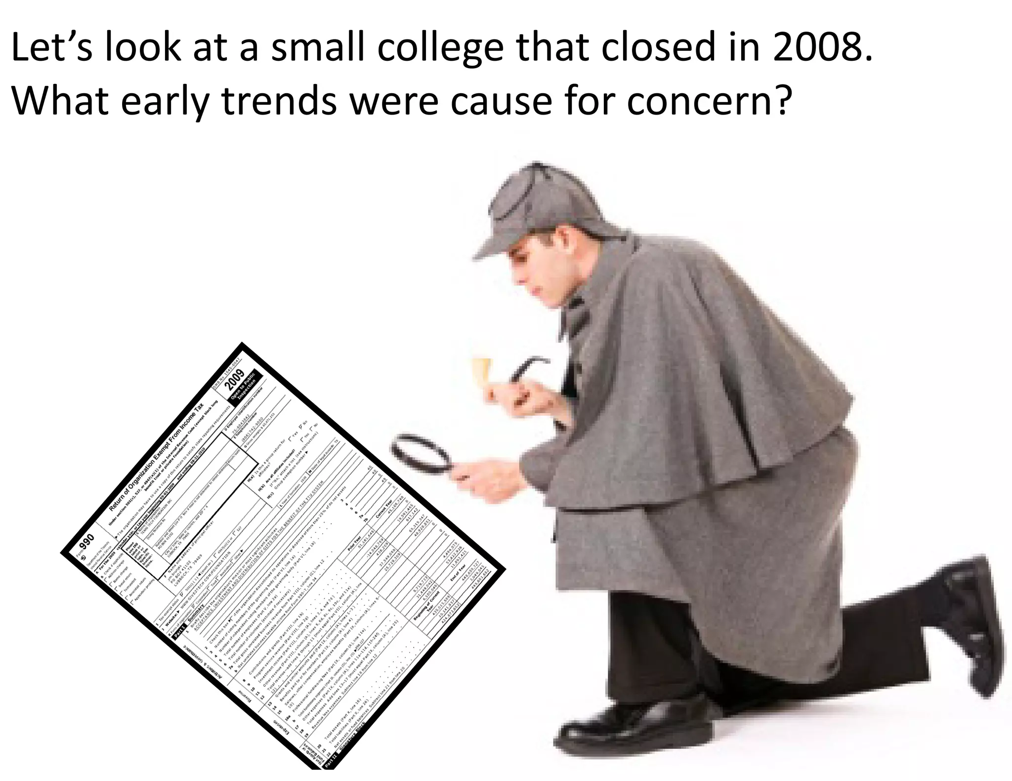 Let’s look at a small college that closed in 2008.  
What early trends were cause for concern?
 