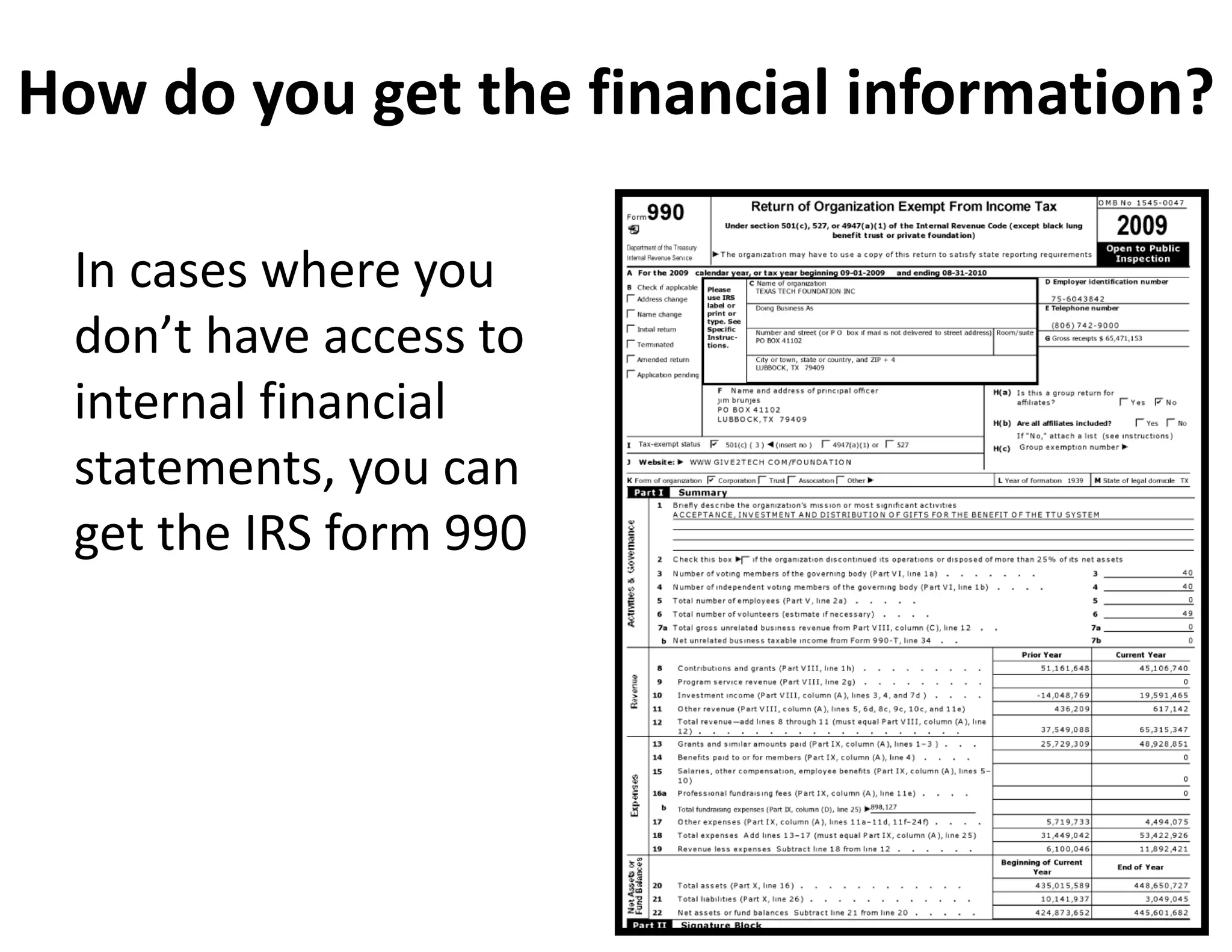 How do you get the financial information?

 In cases where you 
 don’t have access to 
 internal financial 
 statements, you can 
 get the IRS form 990
 