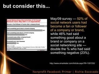 but consider this...

                       May/09 survey — 52% of
                       social network users had
                       become a fan or follower
                       of a company or brand,
                       while 46% had said
                       something good about a
                       brand or company on a
                       social networking site —
                       double the % who had said
                       something negative (23%).


                   http://www.emarketer.com/Article.aspx?R=1007252
 
