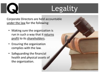 Legality
Corporate Directors are held accountable
under the law for the following:
• Making sure the organization is
run in such a way that it returns
profit to its shareholders.
• Ensuring the organization
complies with the law.
• Safeguarding the financial
health and physical assets of
the organization.
 