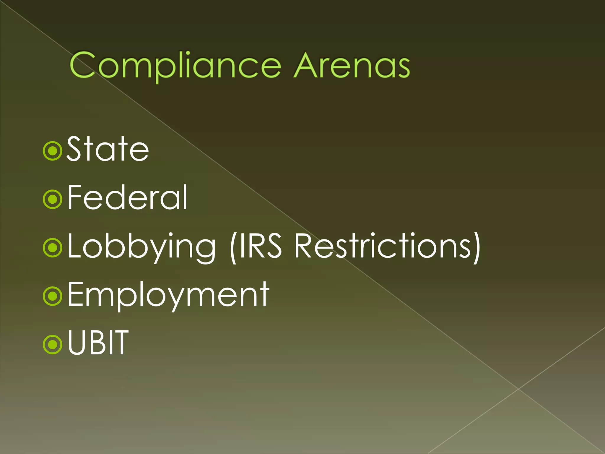  State
 Federal

 Lobbying

(IRS Restrictions)
 Employment
 UBIT

 