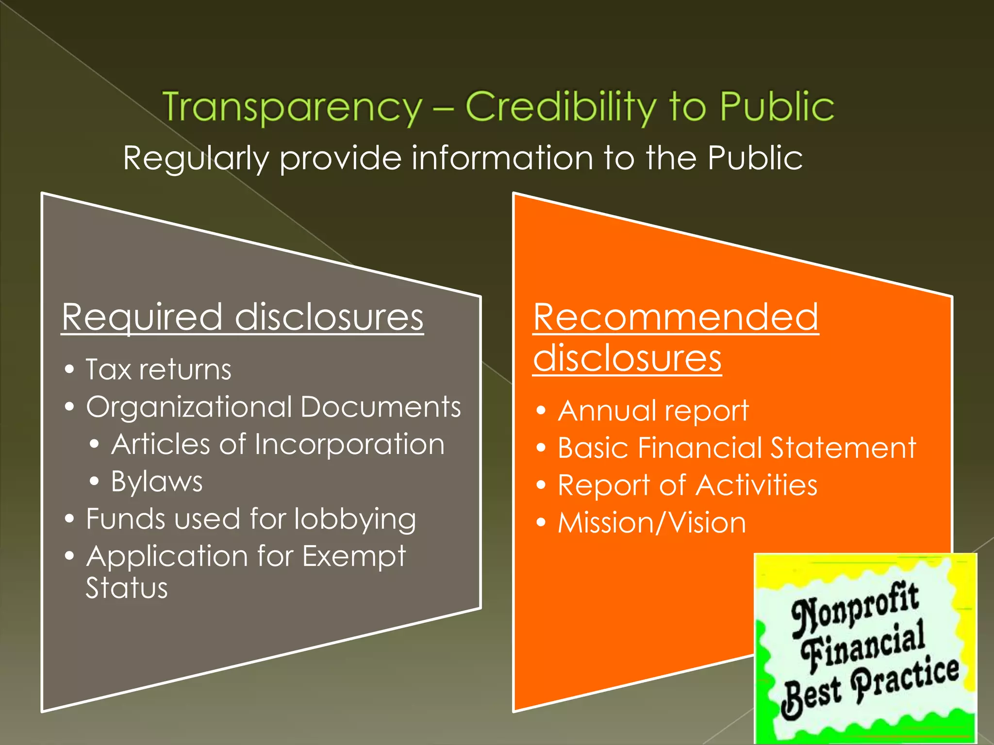 Regularly provide information to the Public

Required disclosures
• Tax returns
• Organizational Documents
• Articles of Incorporation
• Bylaws
• Funds used for lobbying
• Application for Exempt
Status

Recommended
disclosures
• Annual report
• Basic Financial Statement
• Report of Activities
• Mission/Vision

 