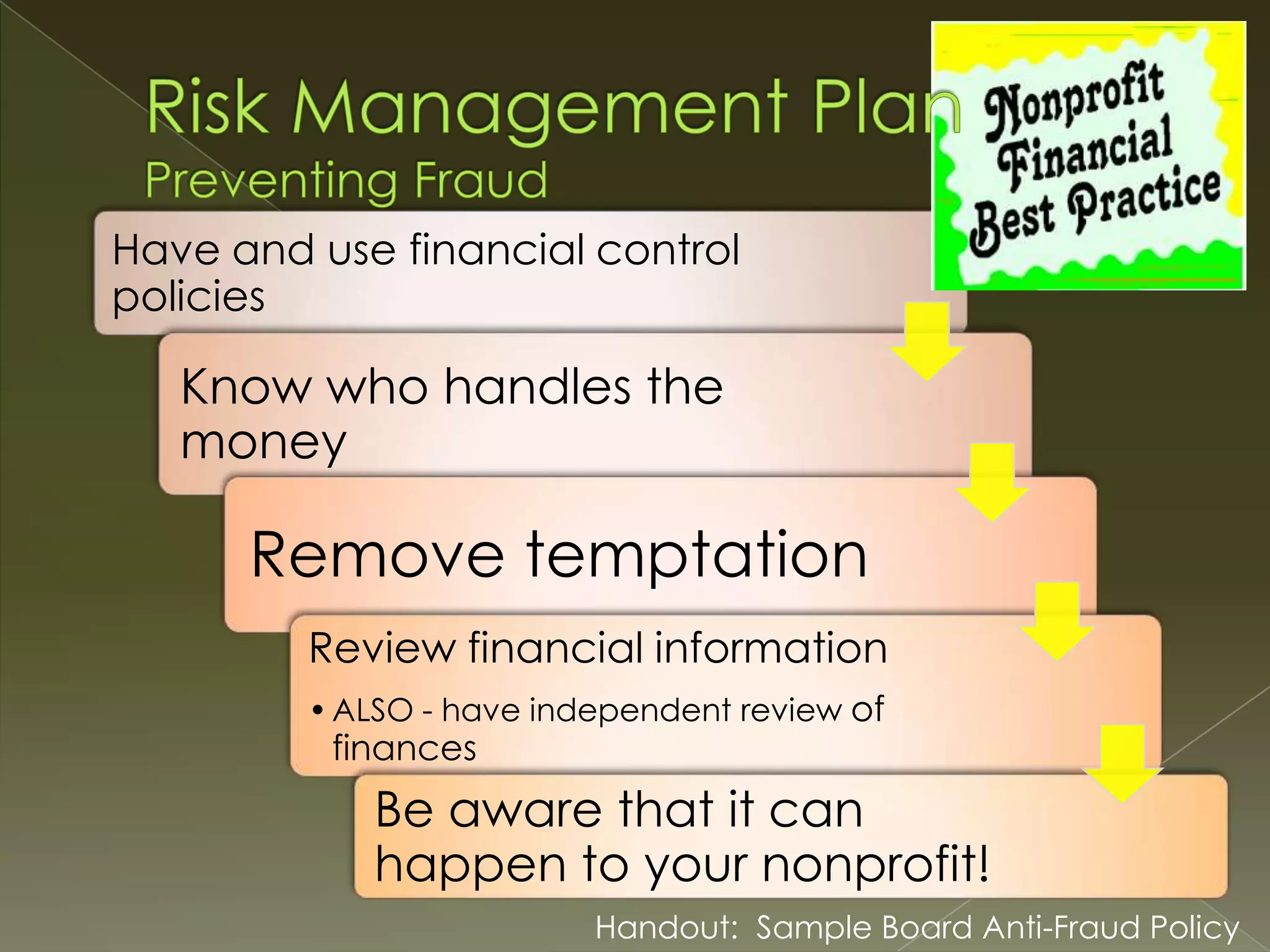 Have and use financial control
policies

Know who handles the
money

Remove temptation
Review financial information
• ALSO - have independent review of

finances

Be aware that it can
happen to your nonprofit!
Handout: Sample Board Anti-Fraud Policy

 