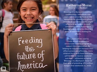 NONPROFIT IDEA
GRANT
Blessings in a Backpack mobilizes
communities, individuals and
resources to provide food on the
weekends for elementary school
children across America who might
otherwise go hungry. In each
community where Blessings is
feeding hungry children, there is a
team of volunteers leading the
efforts.
This grant will be used to
create an online volunteer
service and training program to
support the organization. By
helping its volunteers increase their
effectiveness and efficiency, more
children living with food insecurity
will be able to receive weekend
nutrition – ultimately bringing
Blessings in a Backpack closer to
their goal of providing 17.5 million
hunger-free weekends by 2020.
Katherine Morse
Blessings in a Backpack
 