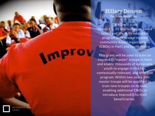 NONPROFIT IDEA
GRANT
TRIAD will scale
ImprovED, its improvisation-based
health and life skills education
program with several trusted
community-based organizations
(CBOs) in Haiti and South Africa.
This grant will be used to train an
ImprovED "master" troupe in Haiti
and enable thousands of vulnerable
youth to engage in this fun,
contextually-relevant, and effective
program. Within two years, this
master troupe will be qualified to
train new troupes on its own,
enabling additional CBOs to
introduce ImprovED to their
beneficiaries.
Hillary Densen
The Triad TRUST, Inc
 