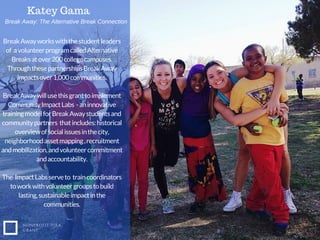 NONPROFIT IDEA
GRANT
BreakAwayworkswiththestudentleaders
of avolunteerprogramcalledAlternative
Breaksatover200collegecampuses.
ThroughthesepartnershipsBreakAway
impactsover1,000communities.
BreakAwaywillusethisgranttoimplement
CommunityImpactLabs -aninnovative
trainingmodelforBreakAwaystudentsand
communitypartners thatincludes:historical
overviewofsocialissuesinthecity,
neighborhoodassetmapping,recruitment
andmobilization,andvolunteercommitment
andaccountability.
The ImpactLabsserveto traincoordinators
toworkwithvolunteergroupstobuild
lasting,sustainableimpactinthe
communities.
Break Away: The Alternative Break Connection
Katey Gama
 