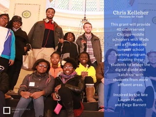 This grant will provide 40
under-served Chicago
middle schoolers with
iPads and a cloud-based
summer school learning
program, enabling these
students to bridge the
digital divide and ‘catch
up’ with students from
more affluent areas.
NONPROFIT IDEA
GRANT
Chris Kelleher
Horizons for Youth
Inspired by the late Lauren Heath,
and Paige Barnett
 