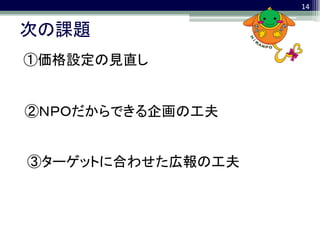 14


次の課題
①価格設定の見直し


②ＮＰＯだからできる企画の工夫


③ターゲットに合わせた広報の工夫
 