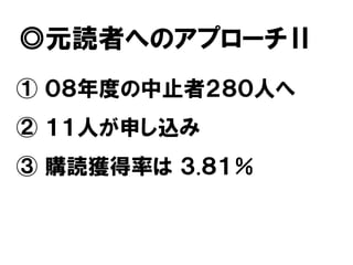 ◎元読者へのアプローチⅡ
① ０８年度の中止者２８０人へ
② １１人が申し込み
③ 購読獲得率は ３.８１％
 