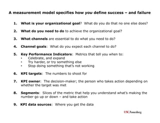 A measurement model specifies how you define success – and failure

  1.
  1    What is your organizational goal? What do you do that no one else does?
                o   o gani ational                o

  2.   What do you need to do to achieve the organizational goal?

  3.
  3    What channels are essential to do what you need to do?

  4.   Channel goals: What do you expect each channel to do?

  5.
  5    Key Performance Indicators: Metrics that tell you when to:
       •  Celebrate, and expand
       •  Try harder, or try something else
       •  Stop doing something that’s not working

  6.   KPI targets: The numbers to shoot for

  7.   KPI owner: The decision-maker; the person who takes action depending on
       whether the target was met

  8.   Segments: Slices of the metric that help you understand what’s making the
       number go up or down – and take action

  9.   KPI data sources: Where you get the data
 