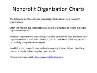 Nonprofit Organization Charts
The following are three sample organizational structures for a nonprofit
organizations.
Often the head of the organization is a Board of Directors, to whom the entire
organization reports.
Nonprofit organizations tend to be particularly sensitive to cost, therefore clear
organizational structure, role definition, and accountability relationships are to
be carefully designed and managed.
In addition the nonprofit frequently relies upon volunteer helpers. For these
reasons a clearly defined org chart is essential.
For more examples visit https://www.orgchartpro.com
 