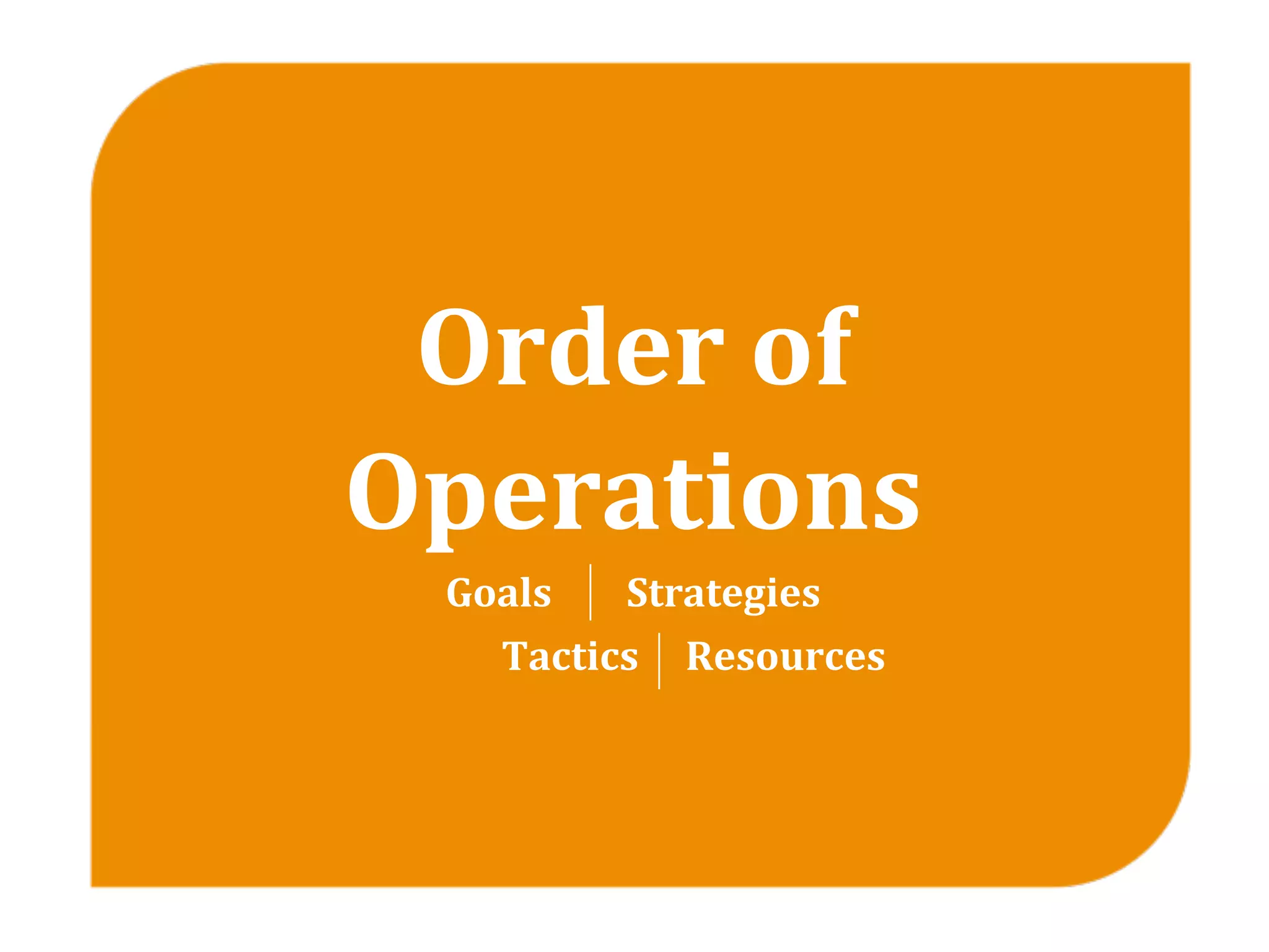 Order of 
Operations
       Goals        Strategies 
             Tactics     Resources
 