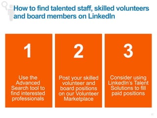 ✓ Nonprofit branding
✓ Volunteer / board member recruitment
✓ Full time employee recruitment
✓ Build fundraising relationships
Advanced use of LinkedIn
301
 