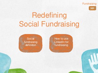 Redefining
Social Fundraising
301
Fundraising
Social
fundraising
definition
How to use
LinkedIn for
fundraising
 