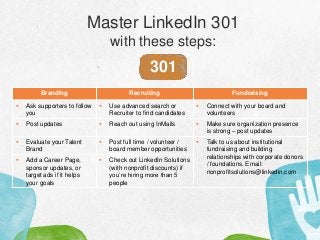 Master LinkedIn 301
with these steps:
301
Branding Recruiting Fundraising
 Ask supporters to follow
you
 Use advanced search or
Recruiter to find candidates
 Connect with your board and
volunteers
 Post updates  Reach out using InMails  Make sure organization presence
is strong – post updates
 Evaluate your Talent
Brand
 Post full time / volunteer /
board member opportunities
 Talk to us about institutional
fundraising and building
relationships with corporate donors
/ foundations. Email:
nonprofitsolutions@linkedin.com
 Add a Career Page,
sponsor updates, or
target ads if it helps
your goals
 Check out LinkedIn Solutions
(with nonprofit discounts) if
you’re hiring more than 5
people
 