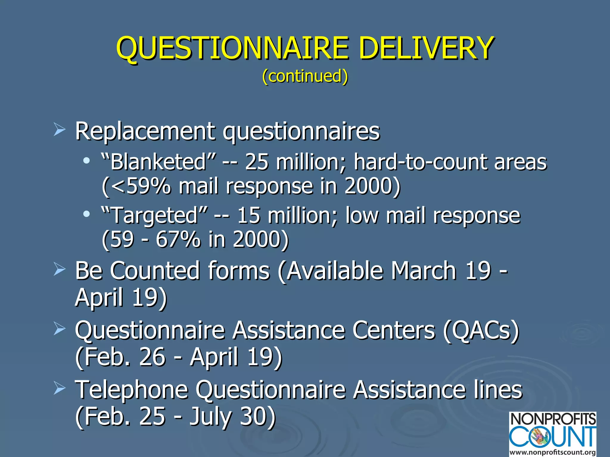 QUESTIONNAIRE DELIVERY (continued) Replacement questionnaires “ Blanketed” -- 25 million; hard-to-count areas (<59% mail response in 2000) “ Targeted” -- 15 million; low mail response (59 - 67% in 2000) Be Counted forms (Available March 19 - April 19) Questionnaire Assistance Centers (QACs)  (Feb. 26 - April 19) Telephone Questionnaire Assistance lines (Feb. 25 - July 30) 