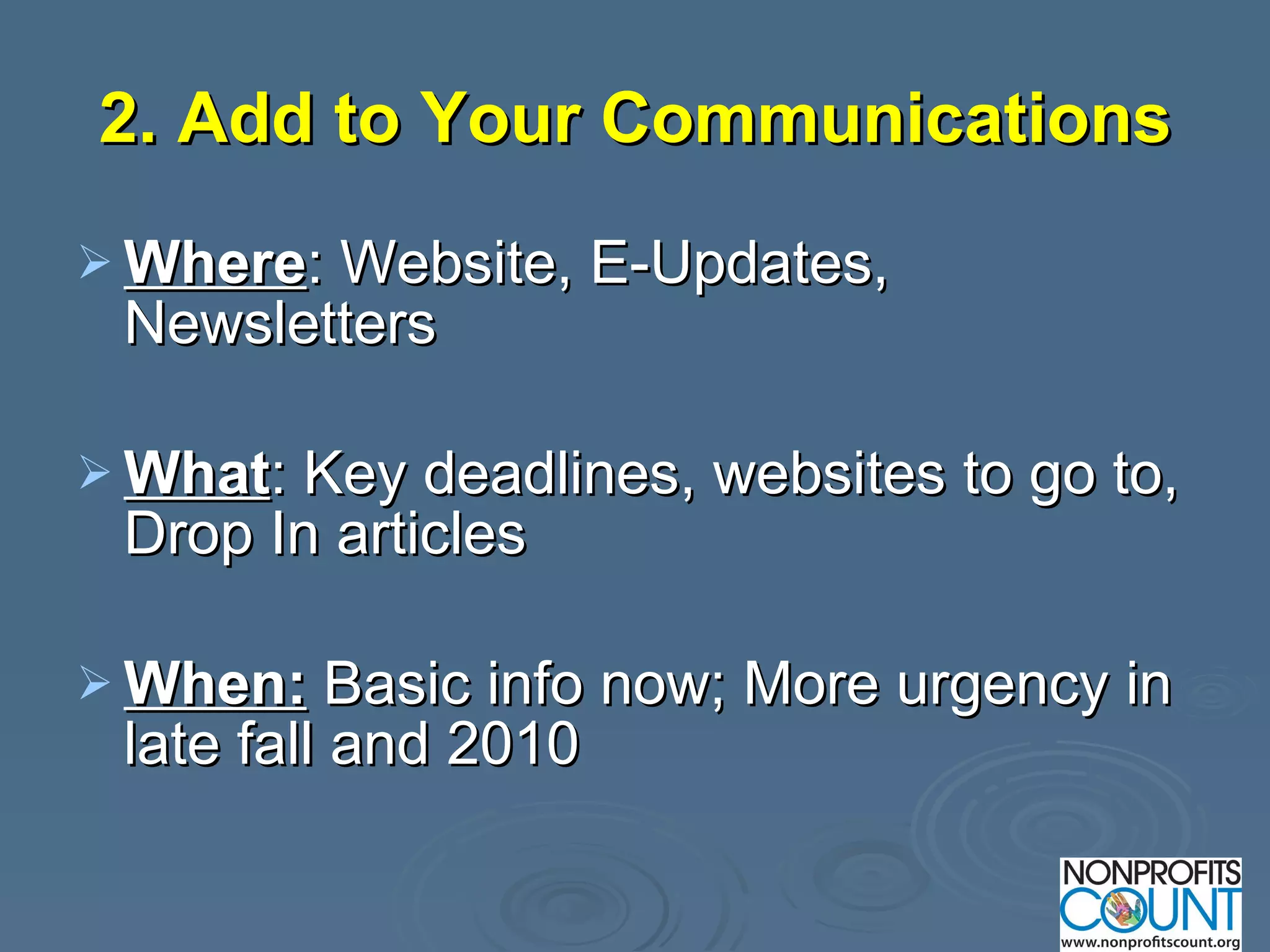 2. Add to Your Communications Where : Website, E-Updates, Newsletters What : Key deadlines, websites to go to, Drop In articles When:  Basic info now; More urgency in late fall and 2010 