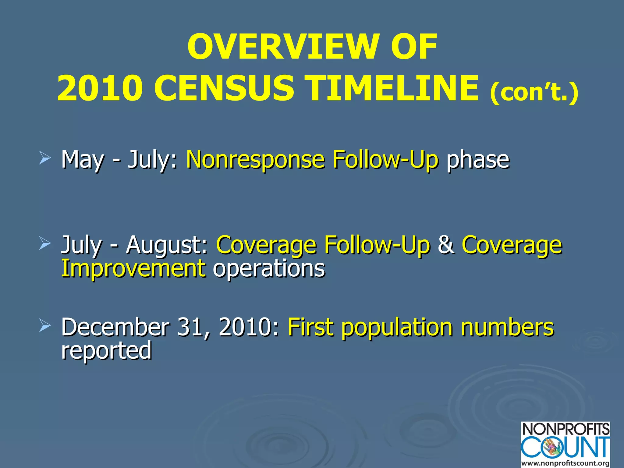 May - July:  Nonresponse Follow-Up  phase  July - August:  Coverage Follow-Up  &  Coverage Improvement  operations December 31, 2010:  First population numbers  reported OVERVIEW OF  2010 CENSUS TIMELINE  (con’t.) 