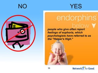 NO                    YES


     people who give often report
     feelings of euphoria, which
     psychologists have referred to as
     the "Helper's High."




     36
 